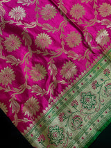 Hot Pink Color Traditional Banarasi Satin Silk Saree with Muted Gold Zari Floral Jaal Weave - Kaash