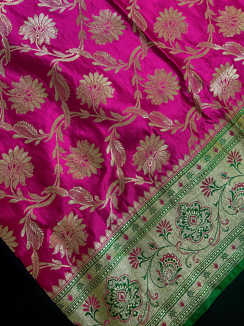 Hot Pink Color Traditional Banarasi Satin Silk Saree with Muted Gold Zari Floral Jaal Weave - Kaash