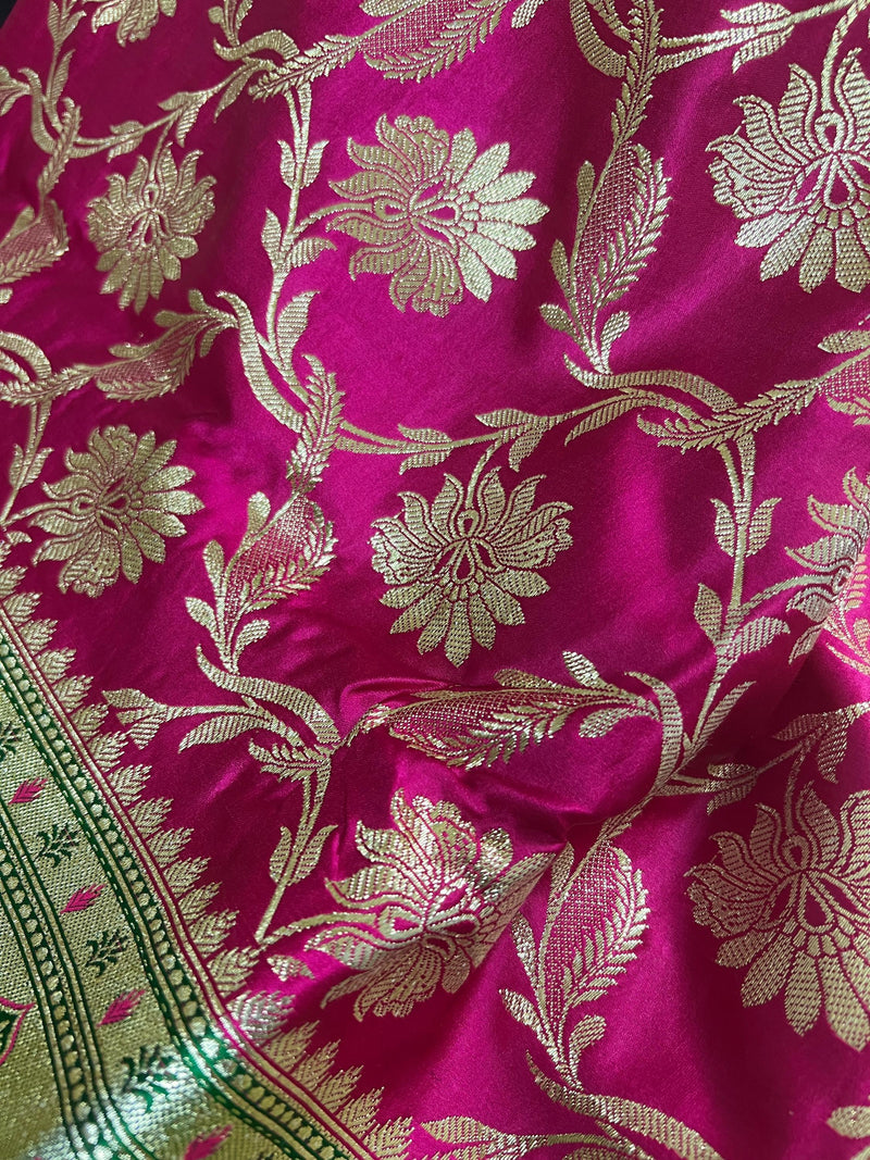 Hot Pink Color Traditional Banarasi Satin Silk Saree with Muted Gold Zari Floral Jaal Weave - Kaash