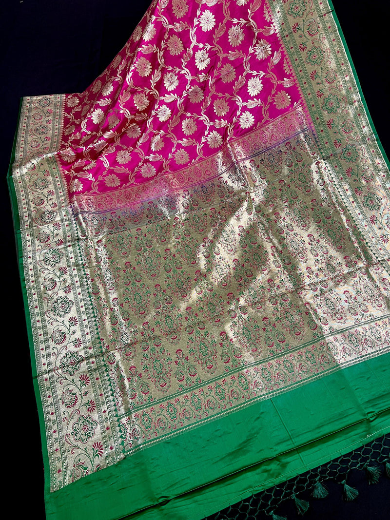 Hot Pink Color Traditional Banarasi Satin Silk Saree with Muted Gold Zari Floral Jaal Weave - Kaash