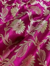 Hot Pink Color Traditional Banarasi Satin Silk Saree with Muted Gold Zari Floral Jaal Weave - Kaash