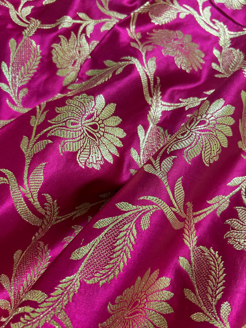 Hot Pink Color Traditional Banarasi Satin Silk Saree with Muted Gold Zari Floral Jaal Weave - Kaash