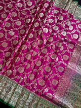 Hot Pink Color Traditional Banarasi Satin Silk Saree with Muted Gold Zari Floral Jaal Weave - Kaash