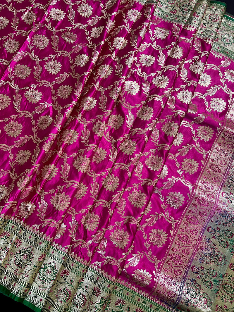 Hot Pink Color Traditional Banarasi Satin Silk Saree with Muted Gold Zari Floral Jaal Weave - Kaash