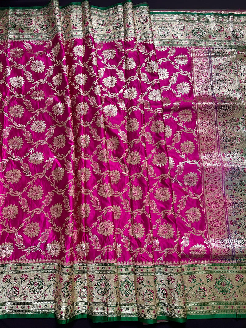 Hot Pink Color Traditional Banarasi Satin Silk Saree with Muted Gold Zari Floral Jaal Weave - Kaash