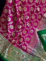 Hot Pink Color Traditional Banarasi Satin Silk Saree with Muted Gold Zari Floral Jaal Weave - Kaash