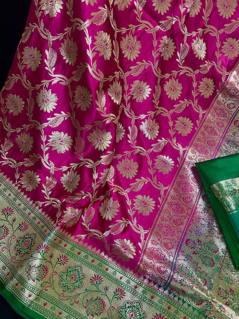 Hot Pink Color Traditional Banarasi Satin Silk Saree with Muted Gold Zari Floral Jaal Weave - Kaash