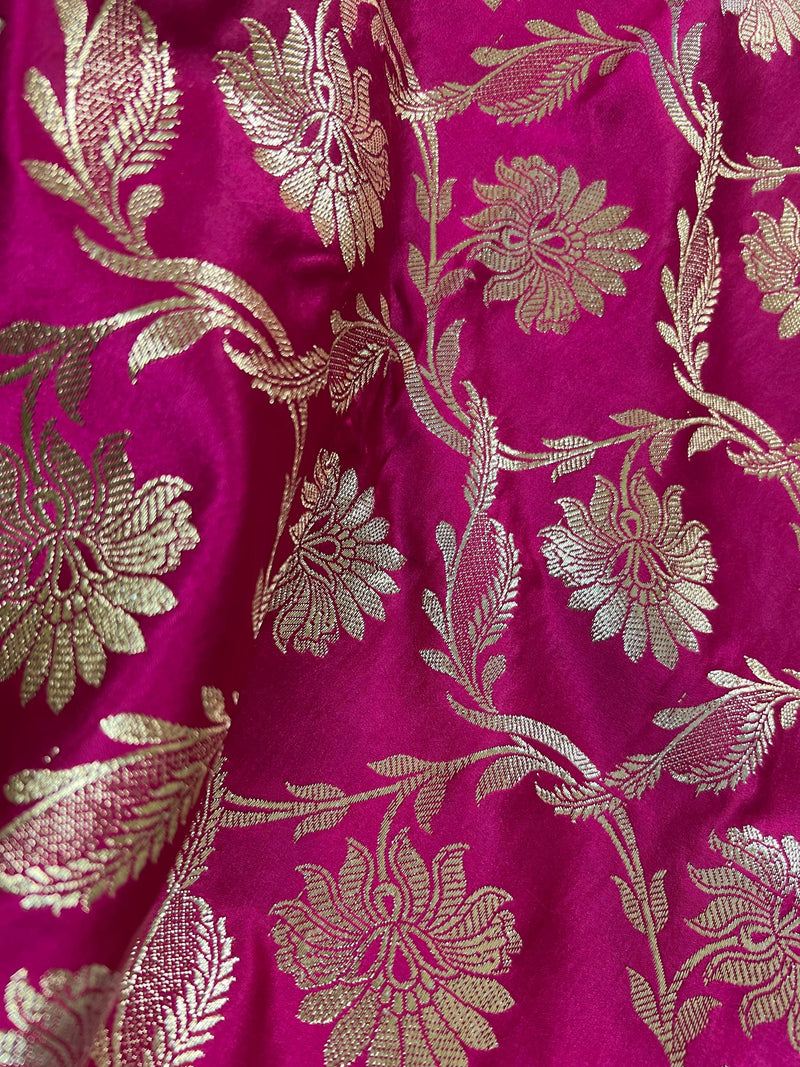 Hot Pink Color Traditional Banarasi Satin Silk Saree with Muted Gold Zari Floral Jaal Weave - Kaash
