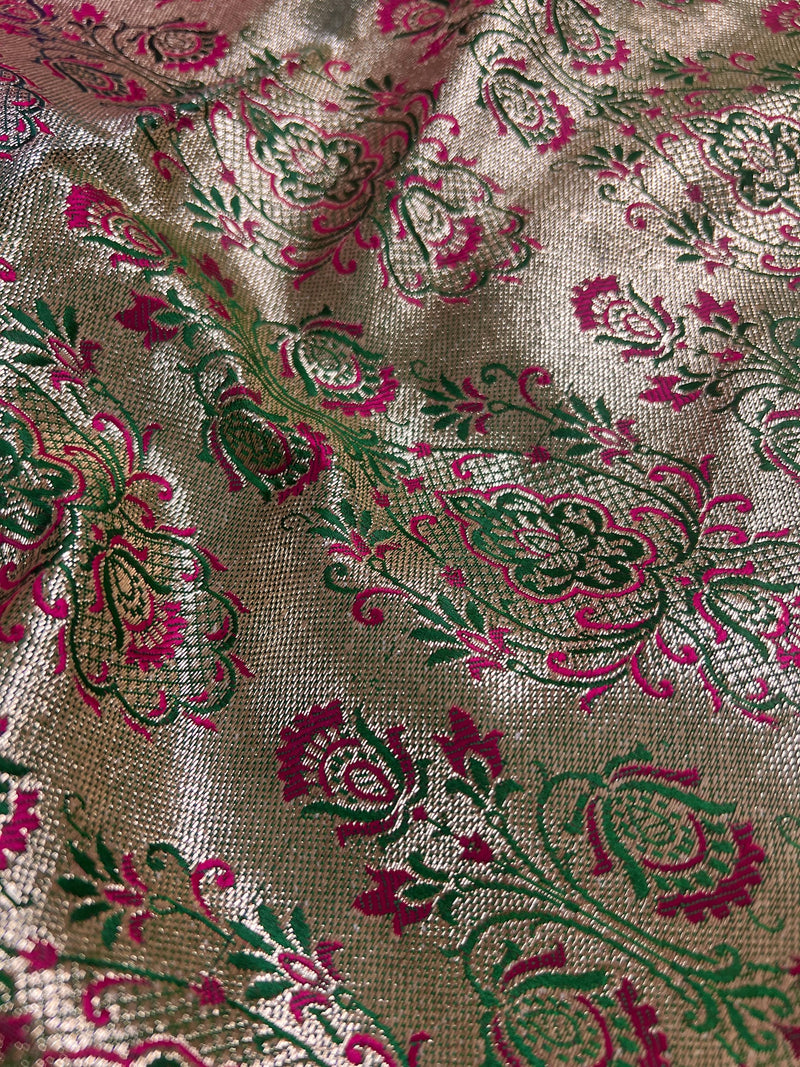Hot Pink Color Traditional Banarasi Satin Silk Saree with Muted Gold Zari Floral Jaal Weave - Kaash