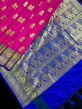 Hot Pink with Green & Blue Banarasi saree in banarasi silk with floral design with grand pallu — Kaash Collection
