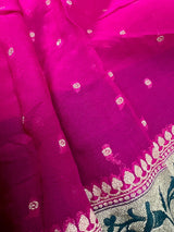 Silk Mark Certified Hot Pink Pure Khaddi Georgette saree in pure khaddi georgette silk with meenakari floral with muted gold zari buttis — Kaash Collection