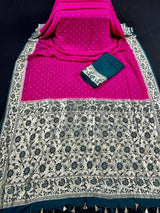 Silk Mark Certified Hot Pink Pure Khaddi Georgette saree in pure khaddi georgette silk with meenakari floral with muted gold zari buttis — Kaash Collection