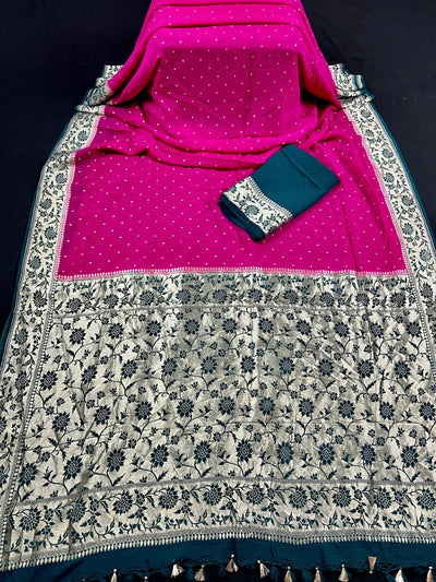 Silk Mark Certified Hot Pink Pure Khaddi Georgette saree in pure khaddi georgette silk with meenakari floral with muted gold zari buttis — Kaash Collection