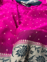 Silk Mark Certified Hot Pink Pure Khaddi Georgette saree in pure khaddi georgette silk with meenakari floral with muted gold zari buttis — Kaash Collection