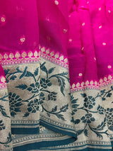Silk Mark Certified Hot Pink Pure Khaddi Georgette saree in pure khaddi georgette silk with meenakari floral with muted gold zari buttis — Kaash Collection