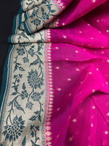 Silk Mark Certified Hot Pink Pure Khaddi Georgette saree in pure khaddi georgette silk with meenakari floral with muted gold zari buttis — Kaash Collection