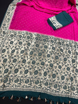 Silk Mark Certified Hot Pink Pure Khaddi Georgette saree in pure khaddi georgette silk with meenakari floral with muted gold zari buttis — Kaash Collection
