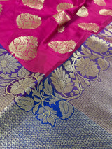 Hot Pink Banarasi with Purple Border (7.5") saree in banarasi handloom silk with purple border (7.5") with gold zari & blue pallu — Kaash Collection