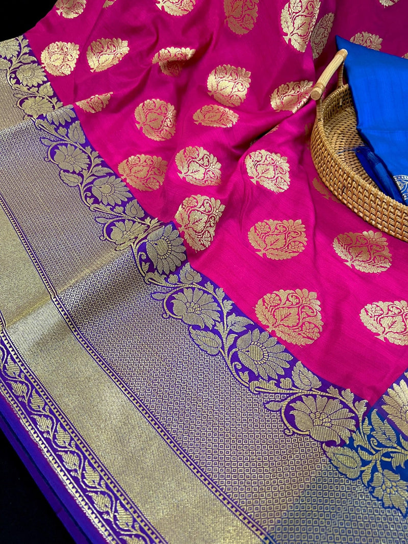Hot Pink Banarasi with Purple Border (7.5") saree in banarasi handloom silk with purple border (7.5") with gold zari & blue pallu — Kaash Collection