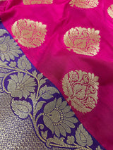 Hot Pink Banarasi with Purple Border (7.5") saree in banarasi handloom silk with purple border (7.5") with gold zari & blue pallu — Kaash Collection