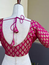 Hot Pink Readymade Blouse with Gold Buttis in Pure Banarasi Silk - Kaash