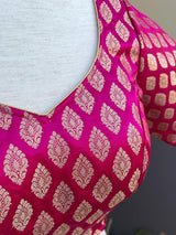 Hot Pink Readymade Blouse with Gold Buttis in Pure Banarasi Silk - Kaash