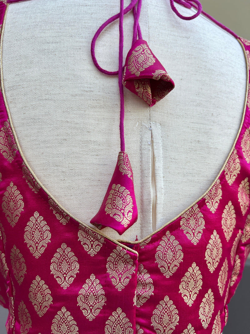 Hot Pink Readymade Blouse with Gold Buttis in Pure Banarasi Silk | Ready to Wear Blouses | Hot Pink Blouse | Stitched Blouse - Kaash