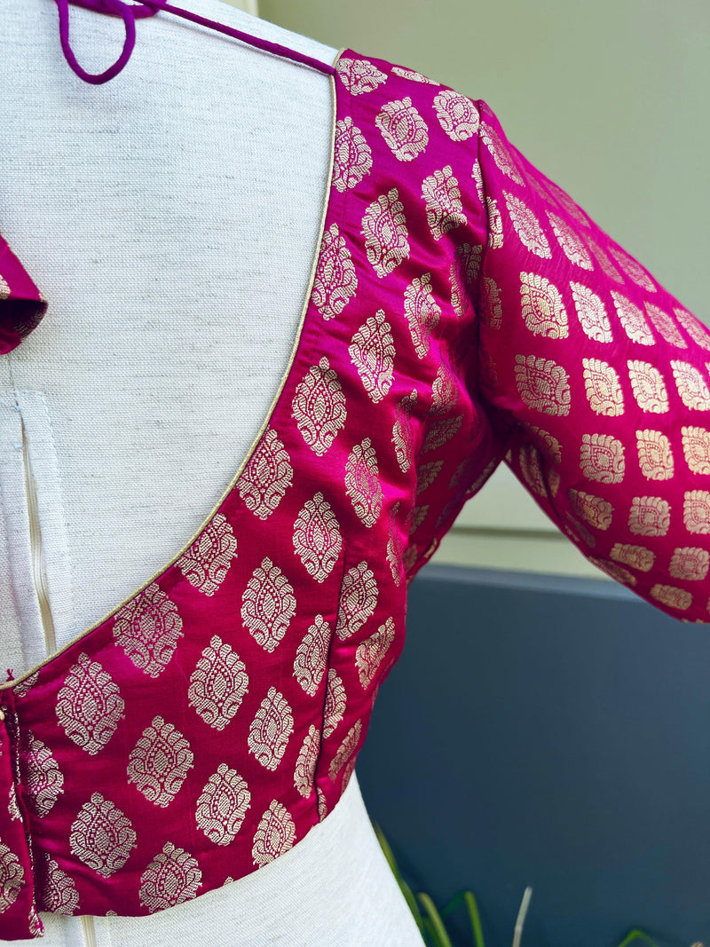 Hot Pink Readymade Blouse with Gold Buttis in Pure Banarasi Silk | Ready to Wear Blouses | Hot Pink Blouse | Stitched Blouse - Kaash
