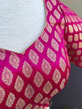 Hot Pink Readymade Blouse with Gold Buttis in Pure Banarasi Silk | Ready to Wear Blouses | Hot Pink Blouse | Stitched Blouse - Kaash