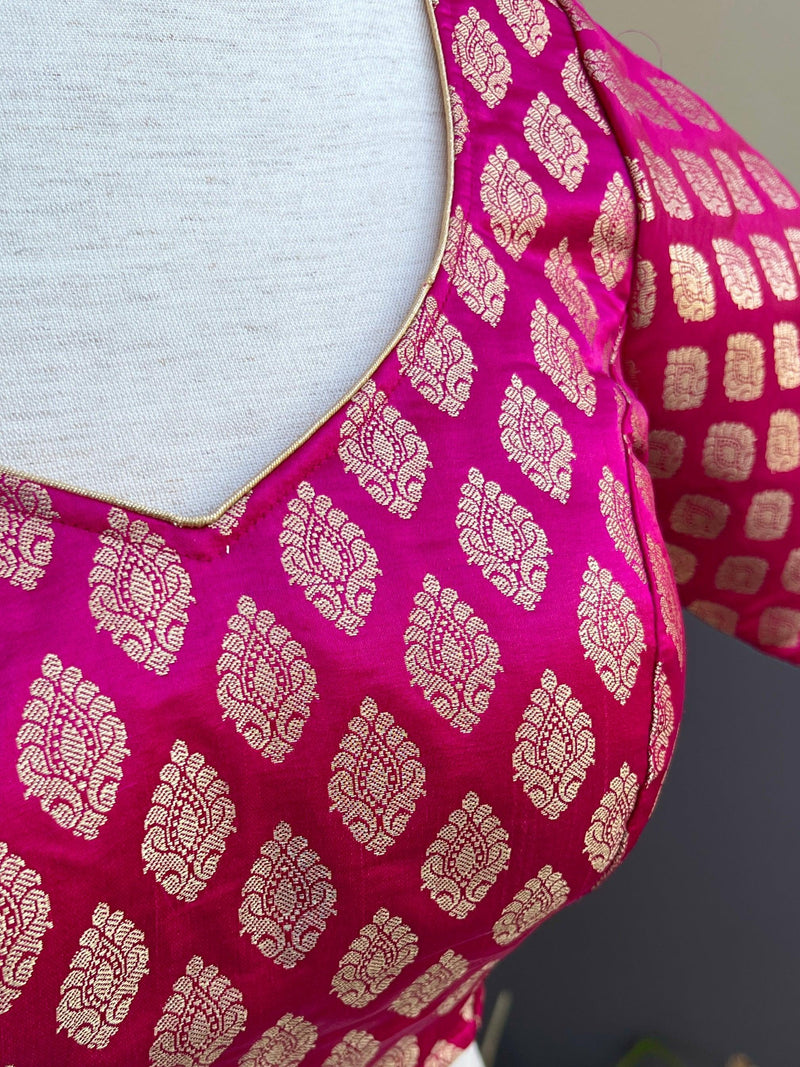 Hot Pink Readymade Blouse with Gold Buttis in Pure Banarasi Silk | Ready to Wear Blouses | Hot Pink Blouse | Stitched Blouse - Kaash