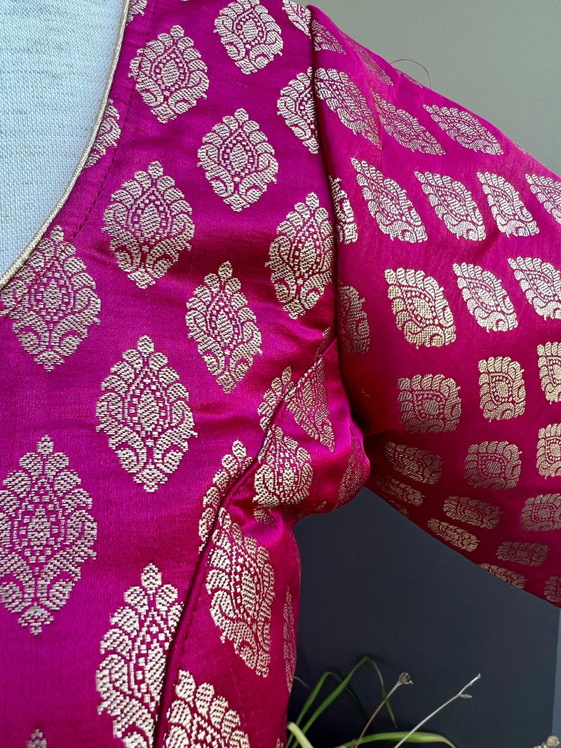 Hot Pink Readymade Blouse with Gold Buttis in Pure Banarasi Silk | Ready to Wear Blouses | Hot Pink Blouse | Stitched Blouse - Kaash