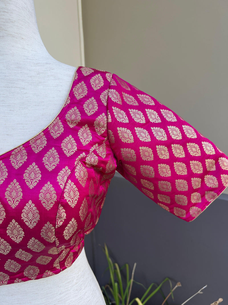 Hot Pink Readymade Blouse with Gold Buttis in Pure Banarasi Silk | Ready to Wear Blouses | Hot Pink Blouse | Stitched Blouse - Kaash