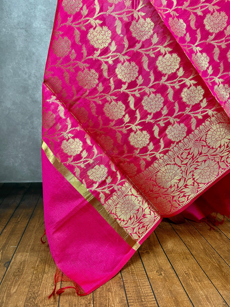Hot Pink Semi Silk floral Jaal Dupatta with Gold Zari Weaving | Indian Dupatta | Chunri | Stole | Scarf | Gift For Her | Dupatta for Lehenga - Kaash