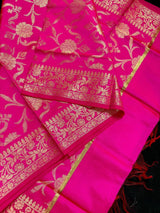 Hot Pink Silk floral Jaal Dupatta with Gold Zari Weaving - Kaash