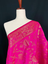 Hot Pink Silk floral Jaal Dupatta with Gold Zari Weaving - Kaash