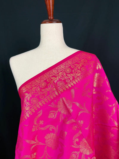Hot Pink Silk floral Jaal Dupatta with Gold Zari Weaving - Kaash