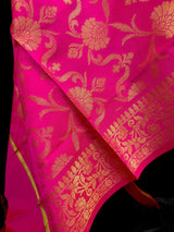 Hot Pink Silk floral Jaal Dupatta with Gold Zari Weaving - Kaash