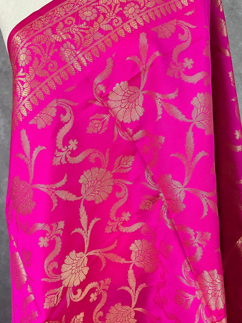 Hot Pink Silk Jaal floral Dupatta Gold Zari Weaving | Indian Dupatta | Chunri | Stole | Scarf | Gift For Her | Dupatta for Lehenga - Kaash