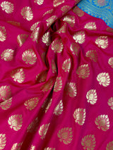 Hot Pink Sky Blue Banarasi Silk Saree | Floral Butta Gold Zari Weave - Kaash