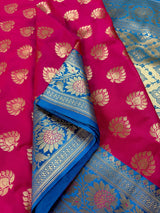 Hot Pink Sky Blue Banarasi Silk Saree | Floral Butta Gold Zari Weave - Kaash