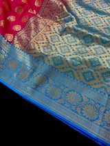Hot Pink Sky Blue Banarasi Silk Saree | Floral Butta Gold Zari Weave - Kaash