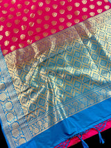 Hot Pink Sky Blue Banarasi Silk Saree | Floral Butta Gold Zari Weave - Kaash