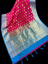 Hot Pink Sky Blue Banarasi Silk Saree | Floral Butta Gold Zari Weave - Kaash