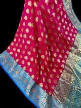 Hot Pink Sky Blue Banarasi Silk Saree | Floral Butta Gold Zari Weave - Kaash