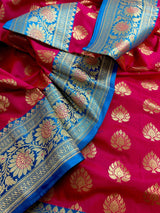 Hot Pink Sky Blue Banarasi Silk Saree | Floral Butta Gold Zari Weave - Kaash