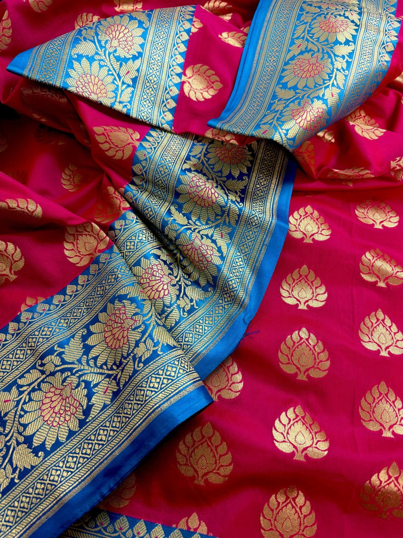 Hot Pink Sky Blue Banarasi Silk Saree | Floral Butta Gold Zari Weave - Kaash