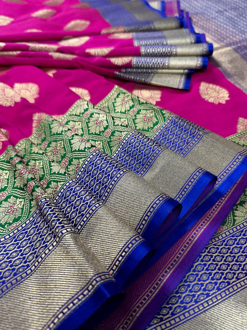 Hot Pink with Green and Blue color combination Traditional Satin Border Banarasi Handloom Soft Silk Saree - Kaash