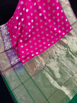 Hot Pink with Purple & Green Borders Banarasi saree in banarasi silk with floral buttis in silver zari with meenakari borders — Kaash Collection