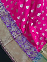 Hot Pink with Purple & Green Borders Banarasi saree in banarasi silk with floral buttis in silver zari with meenakari borders — Kaash Collection