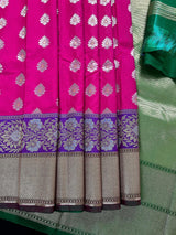 Hot Pink with Purple & Green Borders Banarasi saree in banarasi silk with floral buttis in silver zari with meenakari borders — Kaash Collection